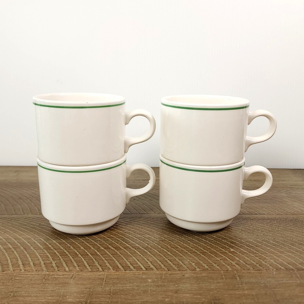 Vtg Syracuse China Green Stripe Coffee Mug Cup‎ Set Of 4 Heavy Restaurant Ware